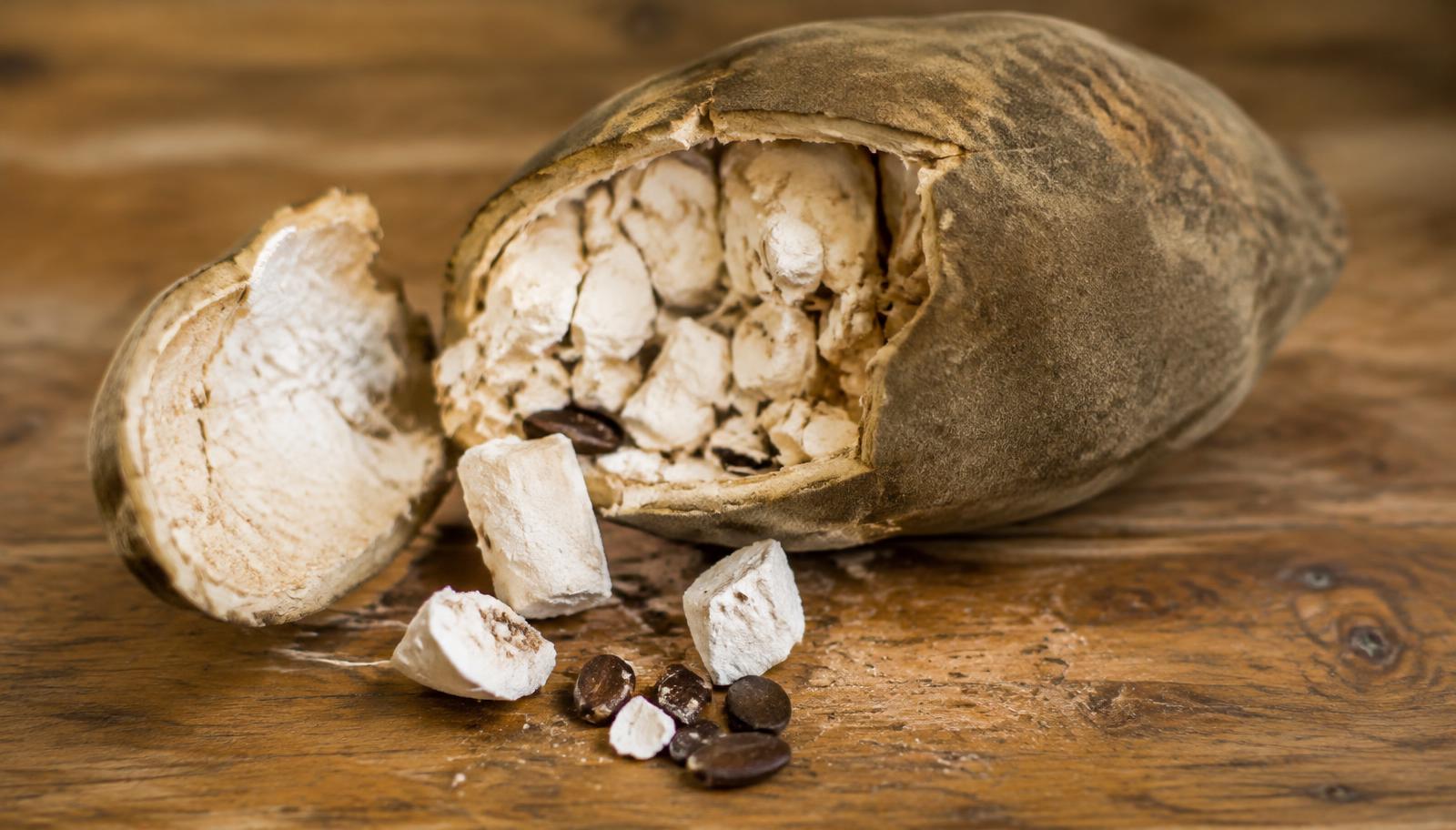 Fruit du baobab ouvert avec sa pulpe blanche et ses graines